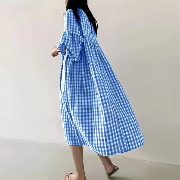 imagechouyatou Womens Loose Fit Retro Plaid Dress Lantern Puff Sleeve Gingham Swing Midi Long Tunic Shift DressBlue