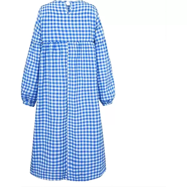 imagechouyatou Womens Loose Fit Retro Plaid Dress Lantern Puff Sleeve Gingham Swing Midi Long Tunic Shift DressBlue