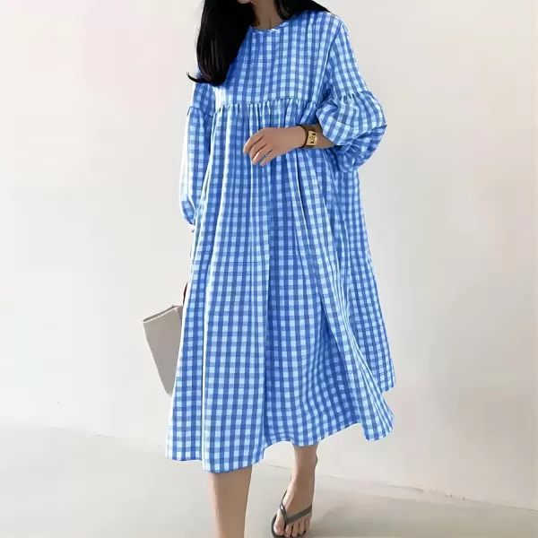 imagechouyatou Womens Loose Fit Retro Plaid Dress Lantern Puff Sleeve Gingham Swing Midi Long Tunic Shift DressBlue