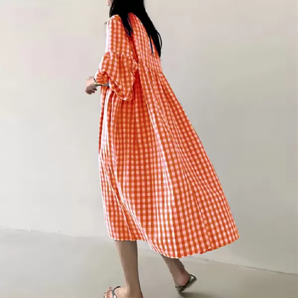 imagechouyatou Womens Loose Fit Retro Plaid Dress Lantern Puff Sleeve Gingham Swing Midi Long Tunic Shift DressOrange