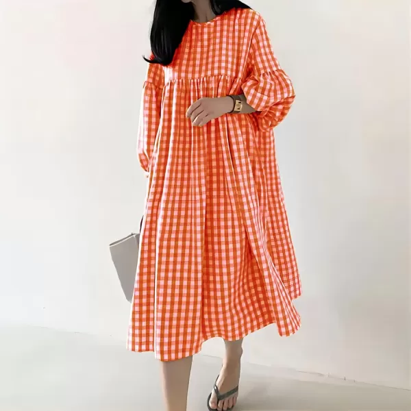 imagechouyatou Womens Loose Fit Retro Plaid Dress Lantern Puff Sleeve Gingham Swing Midi Long Tunic Shift DressOrange