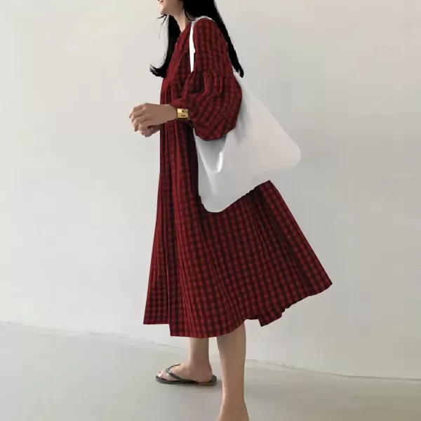 imagechouyatou Womens Loose Fit Retro Plaid Dress Lantern Puff Sleeve Gingham Swing Midi Long Tunic Shift DressWine Red