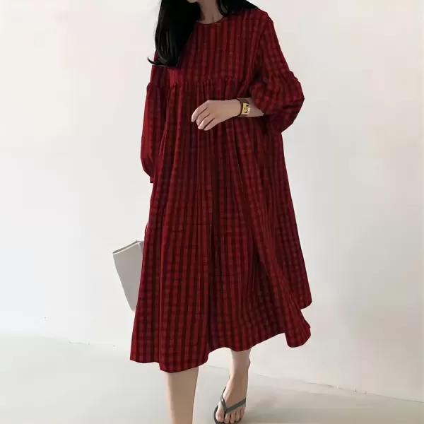 imagechouyatou Womens Loose Fit Retro Plaid Dress Lantern Puff Sleeve Gingham Swing Midi Long Tunic Shift DressWine Red