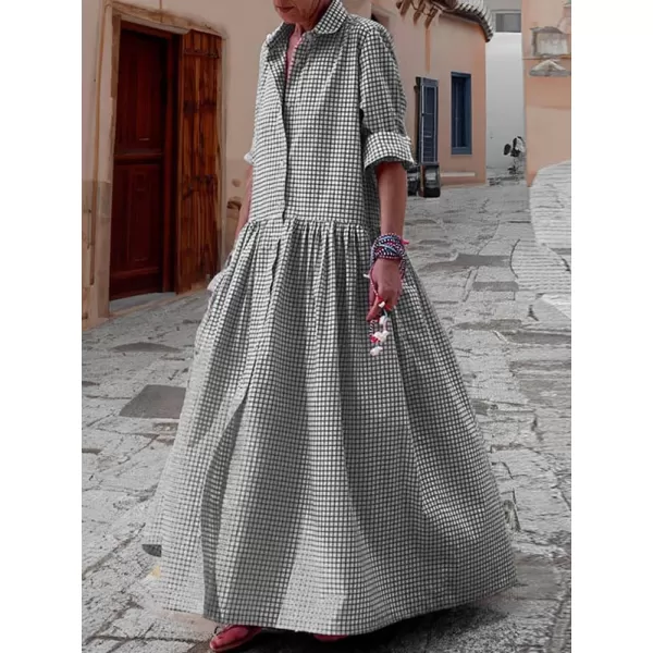 imagechouyatou Womens Retro Plaid Button Down Maxi Shirt Dress Long Sleeve Button Up Gingham Swing Long DressBlack