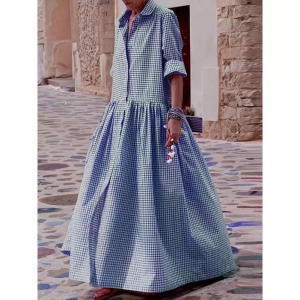 imagechouyatou Womens Retro Plaid Button Down Maxi Shirt Dress Long Sleeve Button Up Gingham Swing Long DressBlue