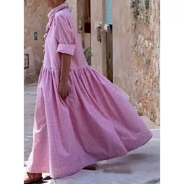 imagechouyatou Womens Retro Plaid Button Down Maxi Shirt Dress Long Sleeve Button Up Gingham Swing Long DressPink