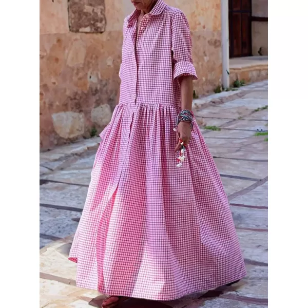 imagechouyatou Womens Retro Plaid Button Down Maxi Shirt Dress Long Sleeve Button Up Gingham Swing Long DressPink