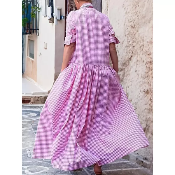 imagechouyatou Womens Retro Plaid Button Down Maxi Shirt Dress Long Sleeve Button Up Gingham Swing Long DressPink
