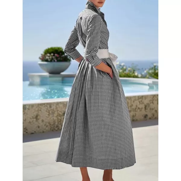 imagechouyatou Womens Retro Plaid Button Up Maxi Shirt Dress 34 Sleeve Gingham Pocketed Long Dress with BeltBlack