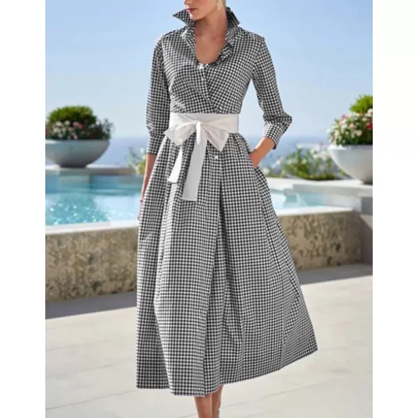 imagechouyatou Womens Retro Plaid Button Up Maxi Shirt Dress 34 Sleeve Gingham Pocketed Long Dress with BeltBlack