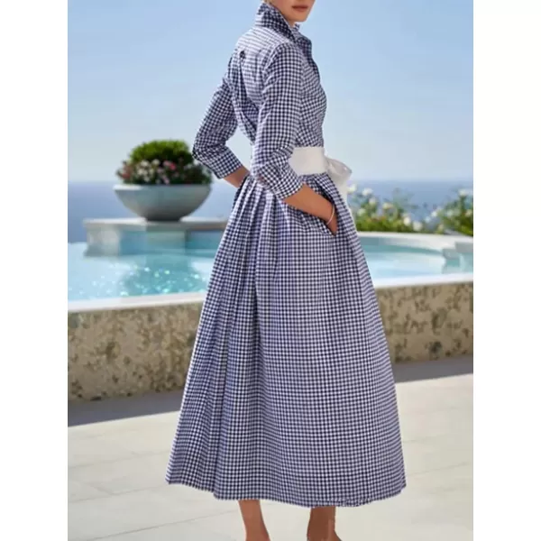 imagechouyatou Womens Retro Plaid Button Up Maxi Shirt Dress 34 Sleeve Gingham Pocketed Long Dress with BeltNavy Blue