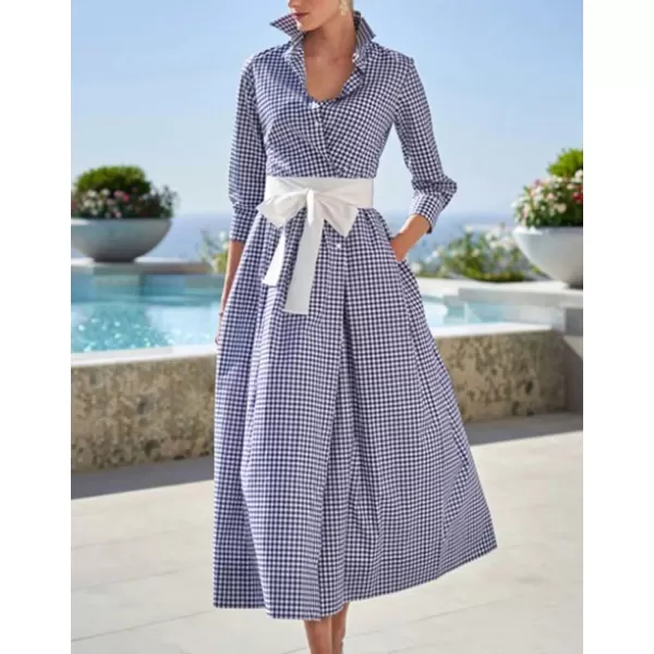 imagechouyatou Womens Retro Plaid Button Up Maxi Shirt Dress 34 Sleeve Gingham Pocketed Long Dress with BeltNavy Blue