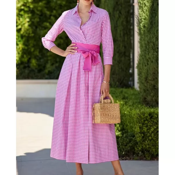 imagechouyatou Womens Retro Plaid Button Up Maxi Shirt Dress 34 Sleeve Gingham Pocketed Long Dress with BeltPink