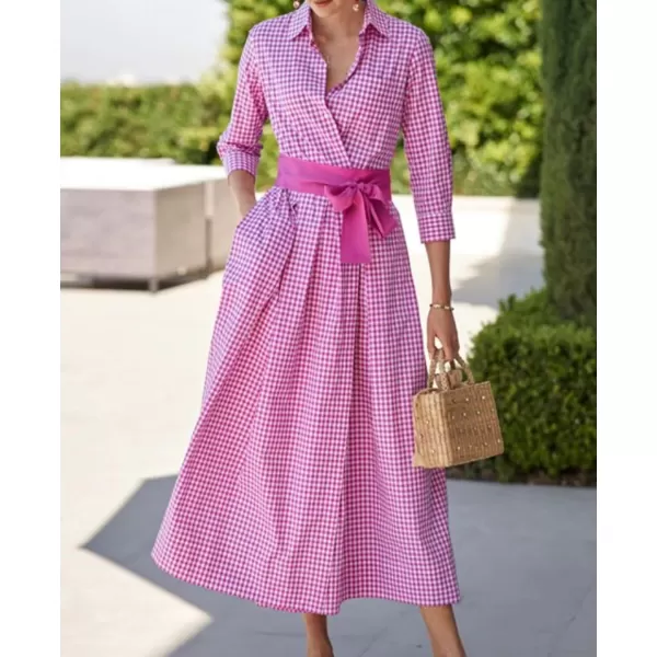 imagechouyatou Womens Retro Plaid Button Up Maxi Shirt Dress 34 Sleeve Gingham Pocketed Long Dress with BeltPink