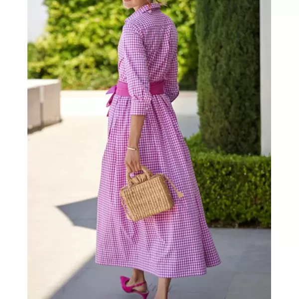 imagechouyatou Womens Retro Plaid Button Up Maxi Shirt Dress 34 Sleeve Gingham Pocketed Long Dress with BeltPink