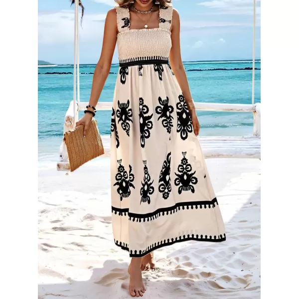 imagechouyatou Womens Retro Smocked Bohemian Maxi Dress Floral Print Spaghetti Strap Swing Beach Party DressApricot