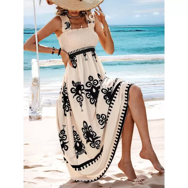 imagechouyatou Womens Retro Smocked Bohemian Maxi Dress Floral Print Spaghetti Strap Swing Beach Party DressApricot