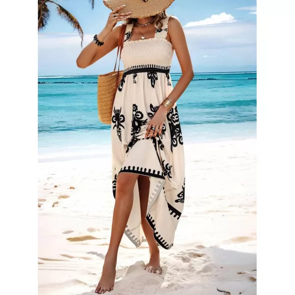 imagechouyatou Womens Retro Smocked Bohemian Maxi Dress Floral Print Spaghetti Strap Swing Beach Party DressApricot