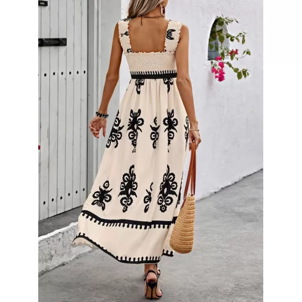 imagechouyatou Womens Retro Smocked Bohemian Maxi Dress Floral Print Spaghetti Strap Swing Beach Party DressApricot