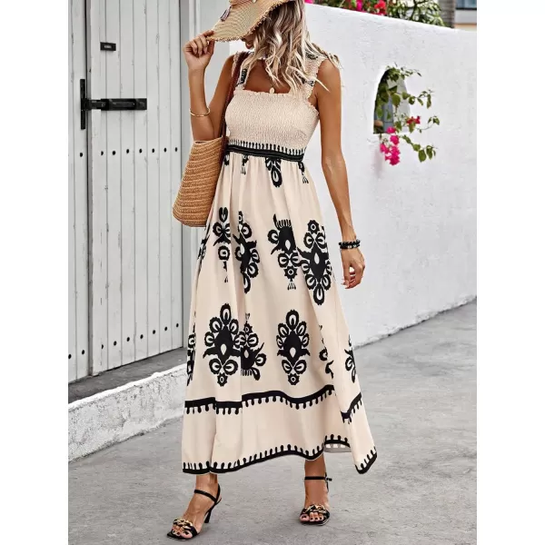 imagechouyatou Womens Retro Smocked Bohemian Maxi Dress Floral Print Spaghetti Strap Swing Beach Party DressApricot