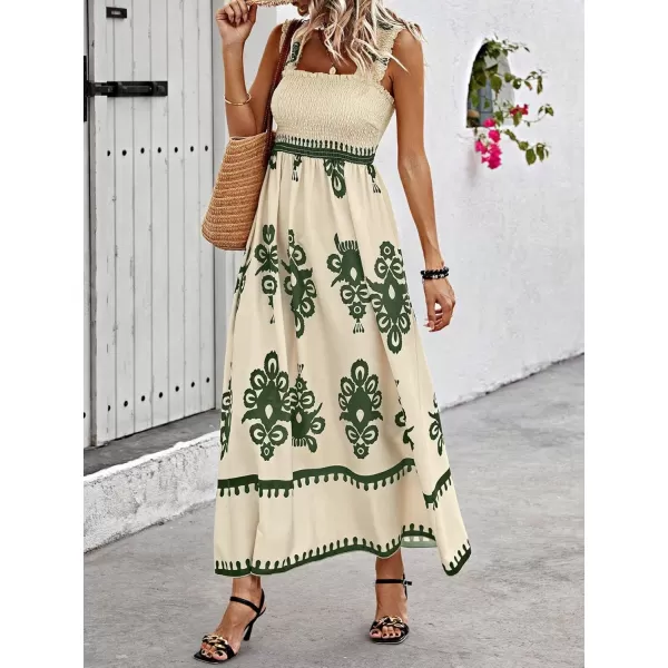 imagechouyatou Womens Retro Smocked Bohemian Maxi Dress Floral Print Spaghetti Strap Swing Beach Party DressArmy Green