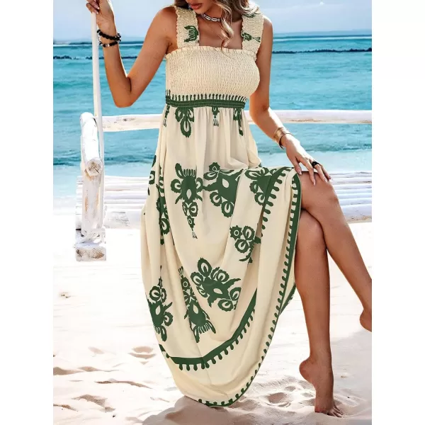 imagechouyatou Womens Retro Smocked Bohemian Maxi Dress Floral Print Spaghetti Strap Swing Beach Party DressArmy Green