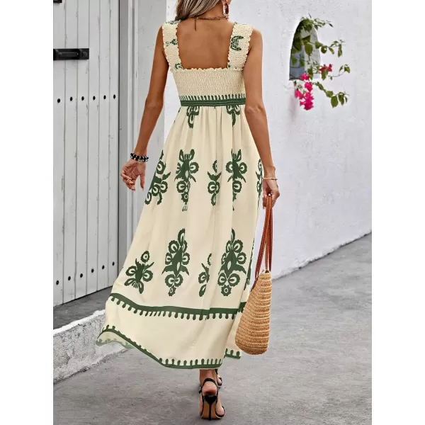 imagechouyatou Womens Retro Smocked Bohemian Maxi Dress Floral Print Spaghetti Strap Swing Beach Party DressArmy Green