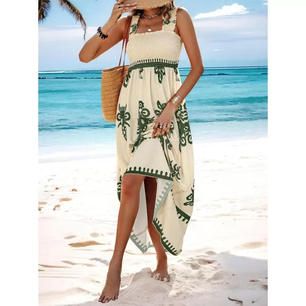 imagechouyatou Womens Retro Smocked Bohemian Maxi Dress Floral Print Spaghetti Strap Swing Beach Party DressArmy Green
