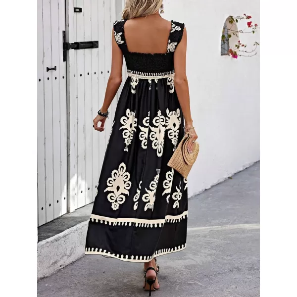 imagechouyatou Womens Retro Smocked Bohemian Maxi Dress Floral Print Spaghetti Strap Swing Beach Party DressBlack