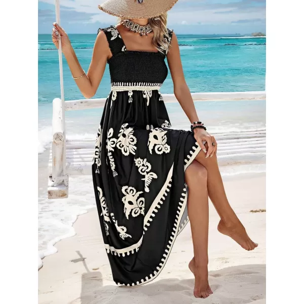 imagechouyatou Womens Retro Smocked Bohemian Maxi Dress Floral Print Spaghetti Strap Swing Beach Party DressBlack