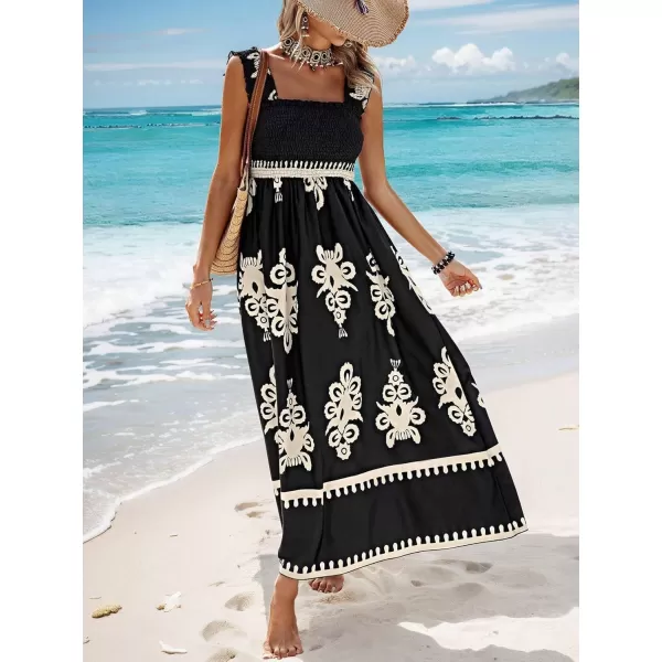 imagechouyatou Womens Retro Smocked Bohemian Maxi Dress Floral Print Spaghetti Strap Swing Beach Party DressBlack
