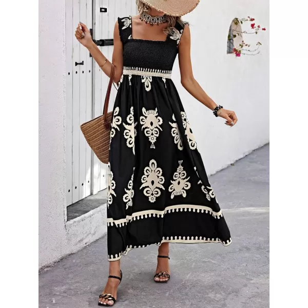 imagechouyatou Womens Retro Smocked Bohemian Maxi Dress Floral Print Spaghetti Strap Swing Beach Party DressBlack