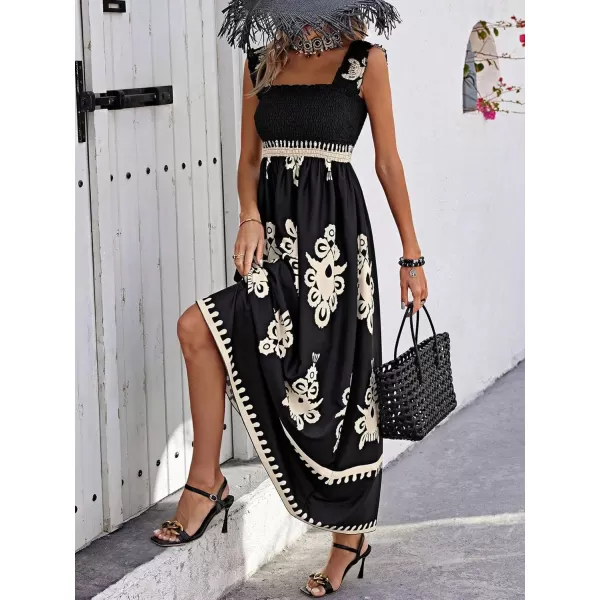 imagechouyatou Womens Retro Smocked Bohemian Maxi Dress Floral Print Spaghetti Strap Swing Beach Party DressBlack
