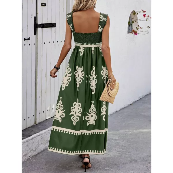 imagechouyatou Womens Retro Smocked Bohemian Maxi Dress Floral Print Spaghetti Strap Swing Beach Party DressGreen