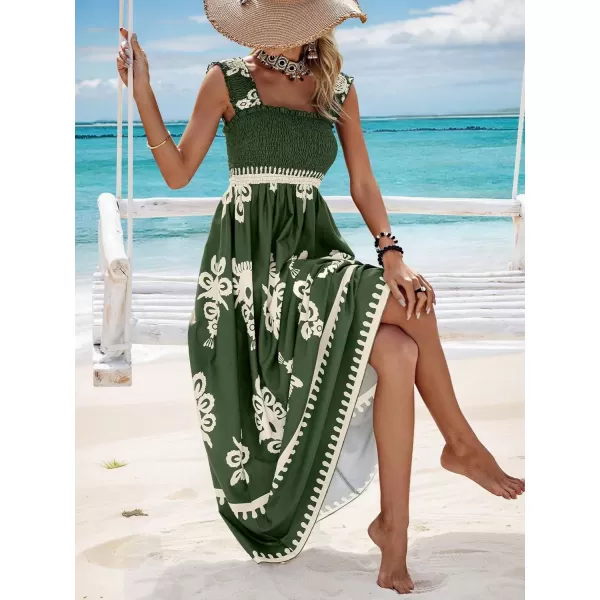 imagechouyatou Womens Retro Smocked Bohemian Maxi Dress Floral Print Spaghetti Strap Swing Beach Party DressGreen