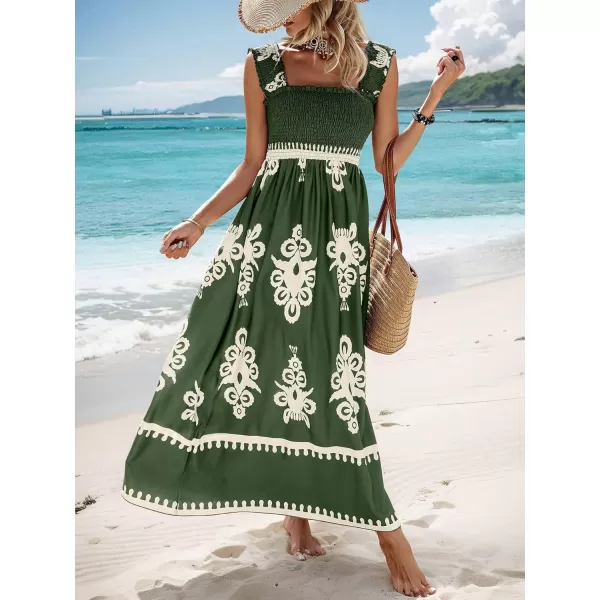 imagechouyatou Womens Retro Smocked Bohemian Maxi Dress Floral Print Spaghetti Strap Swing Beach Party DressGreen