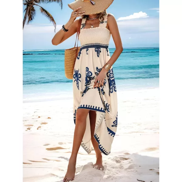 imagechouyatou Womens Retro Smocked Bohemian Maxi Dress Floral Print Spaghetti Strap Swing Beach Party DressNavy Blue
