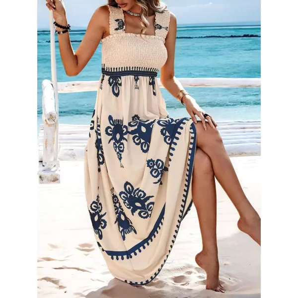 imagechouyatou Womens Retro Smocked Bohemian Maxi Dress Floral Print Spaghetti Strap Swing Beach Party DressNavy Blue