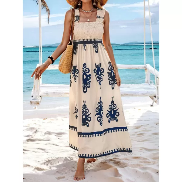 imagechouyatou Womens Retro Smocked Bohemian Maxi Dress Floral Print Spaghetti Strap Swing Beach Party DressNavy Blue