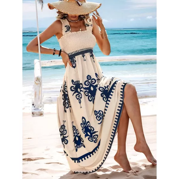 imagechouyatou Womens Retro Smocked Bohemian Maxi Dress Floral Print Spaghetti Strap Swing Beach Party DressNavy Blue