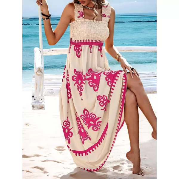 imagechouyatou Womens Retro Smocked Bohemian Maxi Dress Floral Print Spaghetti Strap Swing Beach Party DressPink