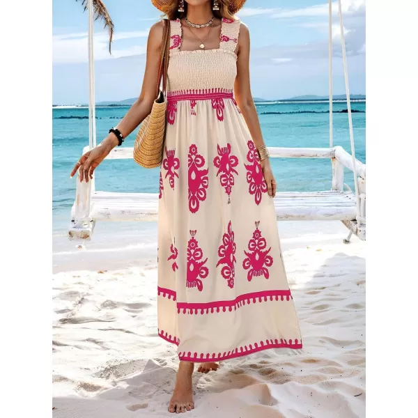imagechouyatou Womens Retro Smocked Bohemian Maxi Dress Floral Print Spaghetti Strap Swing Beach Party DressPink