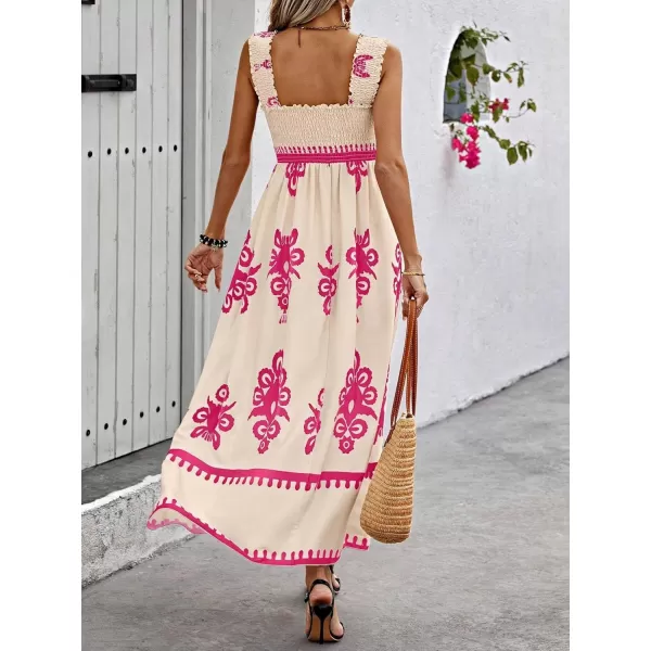 imagechouyatou Womens Retro Smocked Bohemian Maxi Dress Floral Print Spaghetti Strap Swing Beach Party DressPink