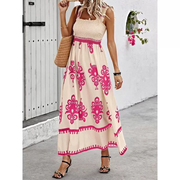 imagechouyatou Womens Retro Smocked Bohemian Maxi Dress Floral Print Spaghetti Strap Swing Beach Party DressPink
