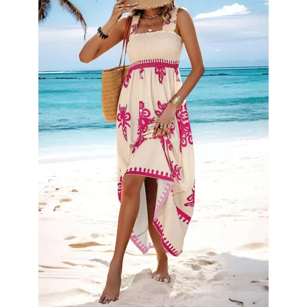 imagechouyatou Womens Retro Smocked Bohemian Maxi Dress Floral Print Spaghetti Strap Swing Beach Party DressPink