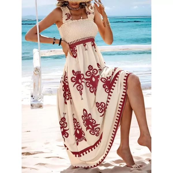 imagechouyatou Womens Retro Smocked Bohemian Maxi Dress Floral Print Spaghetti Strap Swing Beach Party DressWine Red