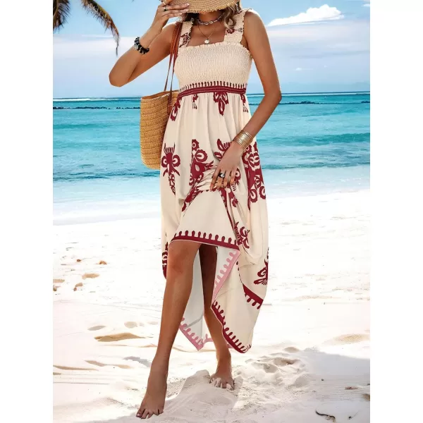 imagechouyatou Womens Retro Smocked Bohemian Maxi Dress Floral Print Spaghetti Strap Swing Beach Party DressWine Red