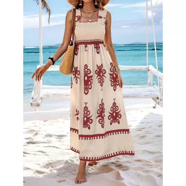imagechouyatou Womens Retro Smocked Bohemian Maxi Dress Floral Print Spaghetti Strap Swing Beach Party DressWine Red