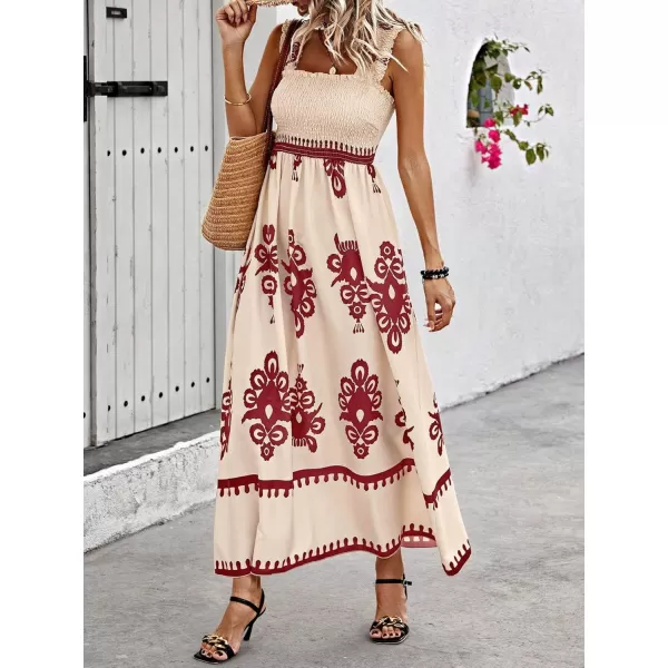 imagechouyatou Womens Retro Smocked Bohemian Maxi Dress Floral Print Spaghetti Strap Swing Beach Party DressWine Red