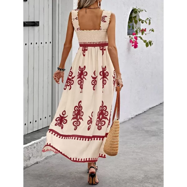 imagechouyatou Womens Retro Smocked Bohemian Maxi Dress Floral Print Spaghetti Strap Swing Beach Party DressWine Red